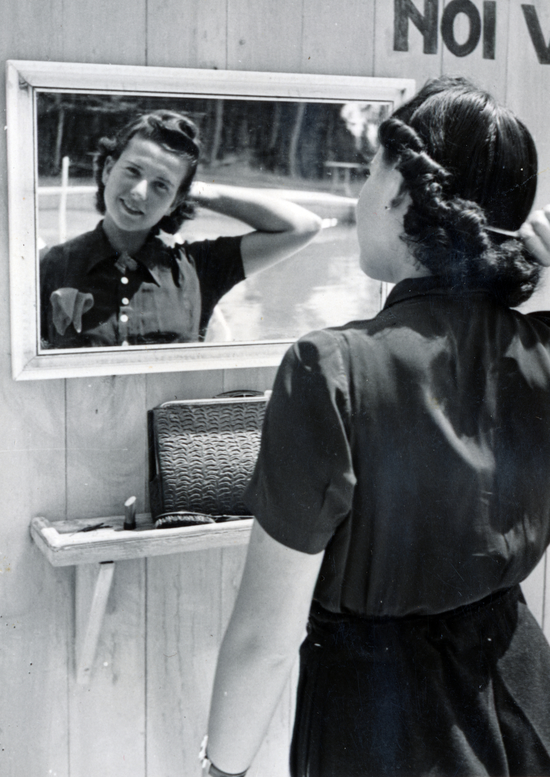 1940, Kádár Anna, handbag, portrait, reflection, mirror, Fortepan #223928