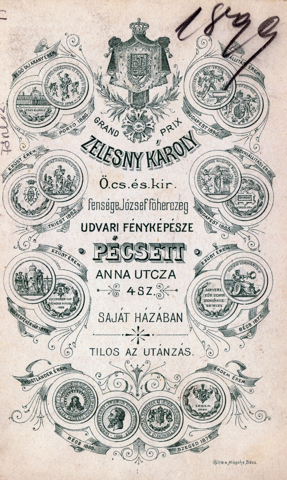 Pécs, 1900, Margitta Nóra, hátlap, térkép, fényképész, műterem, Fortepan #223940