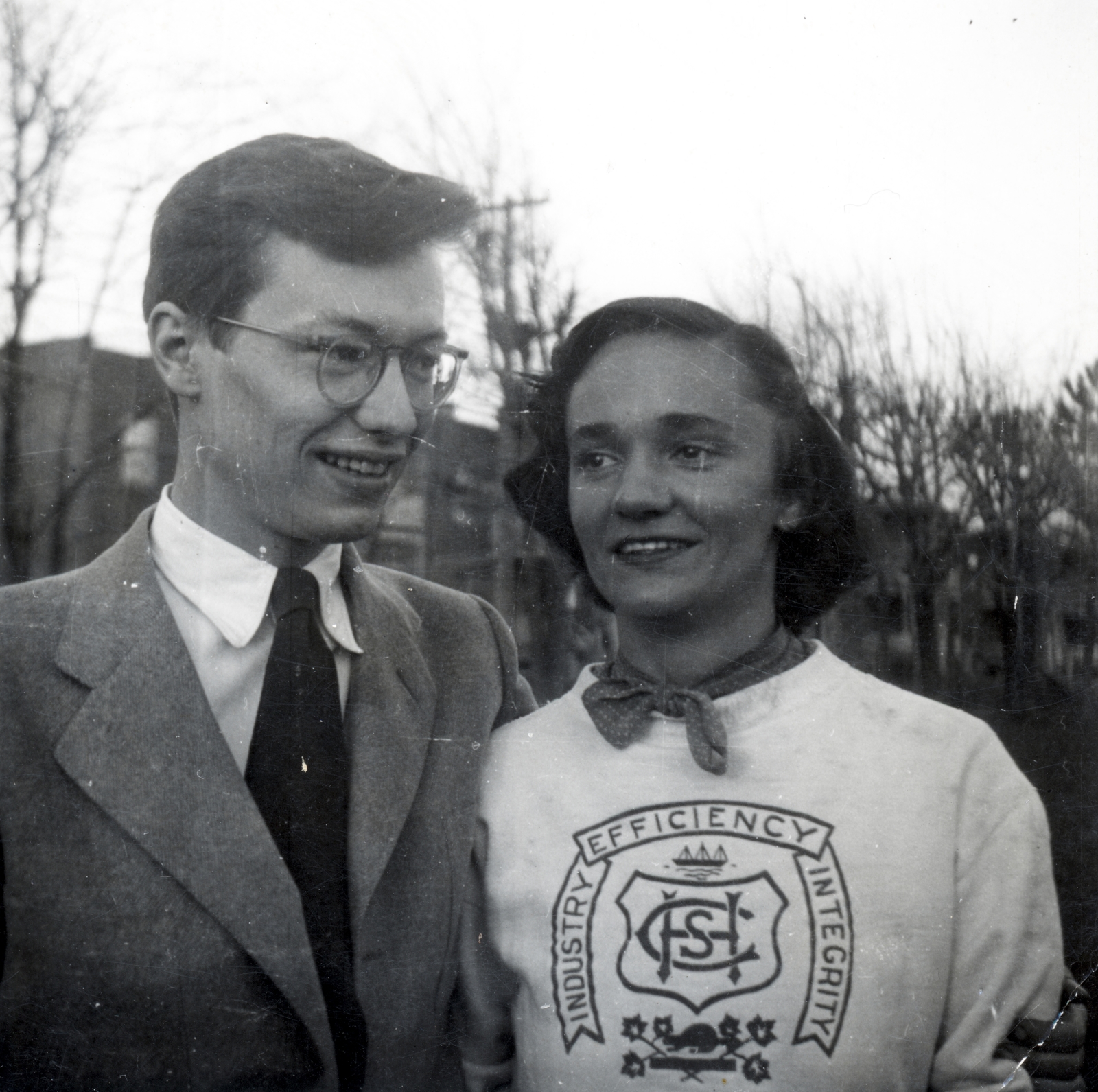 Canada, untitled, Montreal, 1950, Fortepan/Album080, lady, youth, slogan, double portrait, gentleman, Fortepan #224072