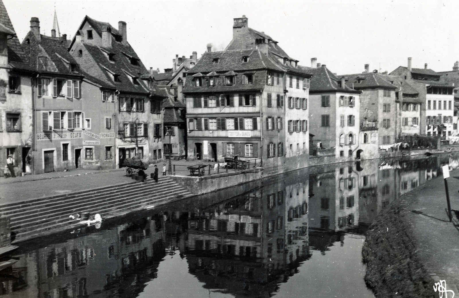 Franciaország, Strasbourg, Quai de la Bruche., 1929, Kieselbach Tamás, francia felirat, víztükör, lakóház, Fortepan #224078