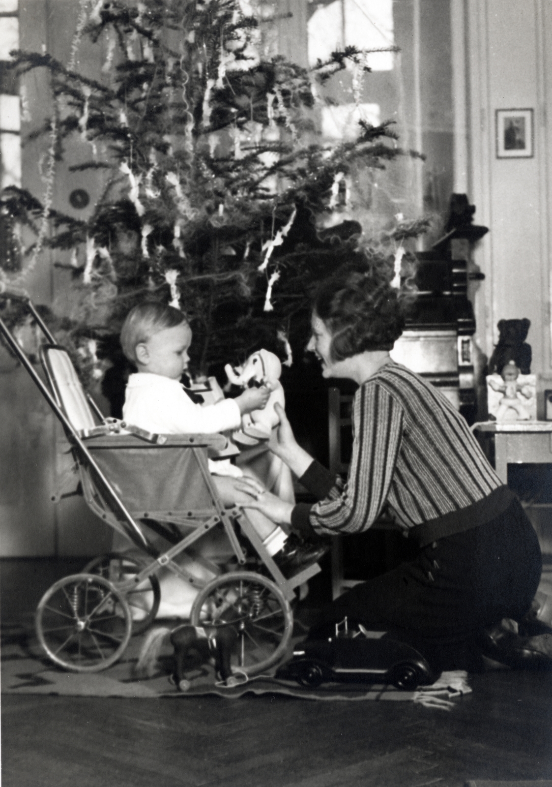1934, Kieselbach Tamás, baby carriage, mother, toy doll, kid, christmas tree, Fortepan #224231