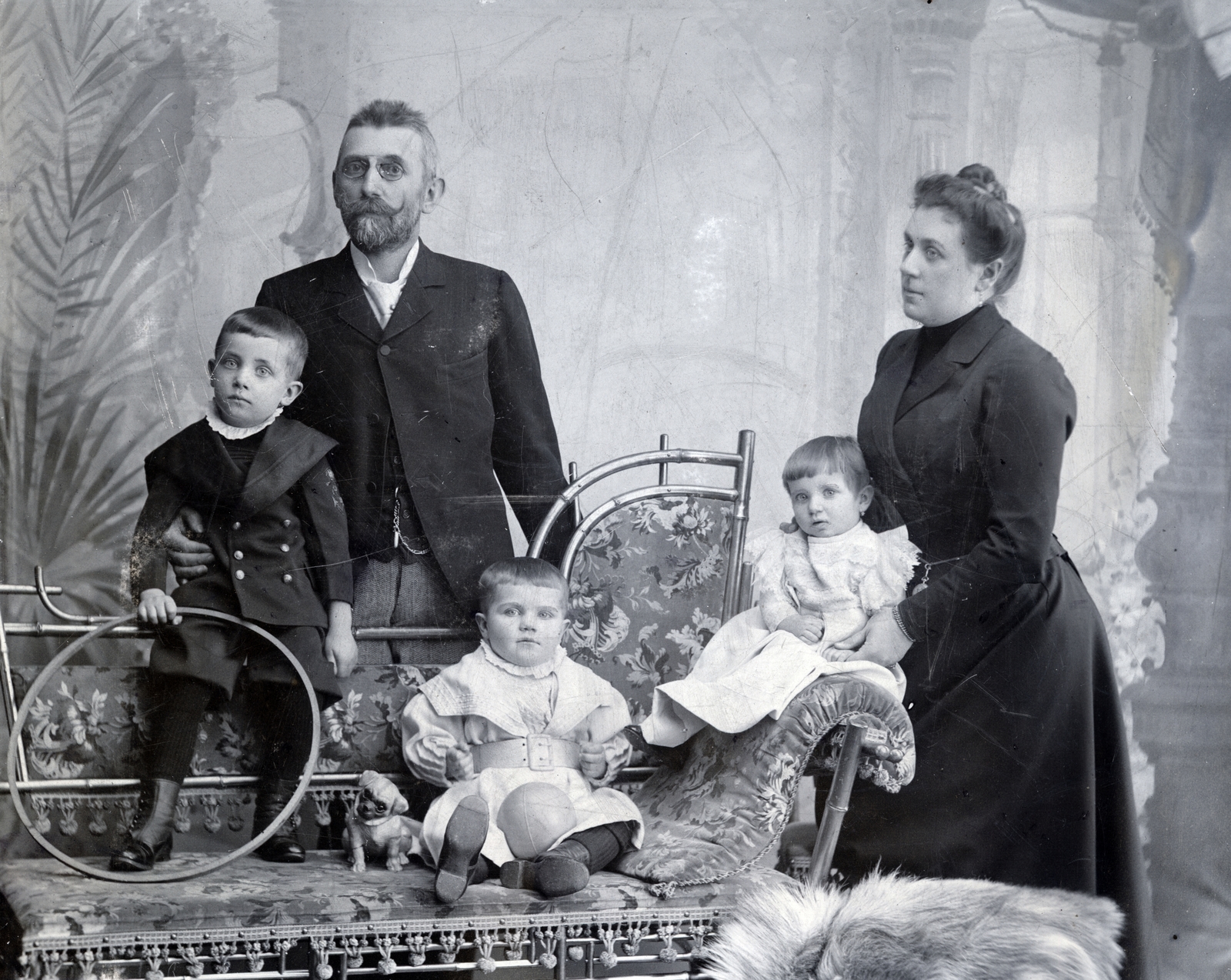 1900, Tauber-Rozman család, moustache, studio, family, woman, man, furniture, fur, glasses, kids, couple, Fortepan #224315