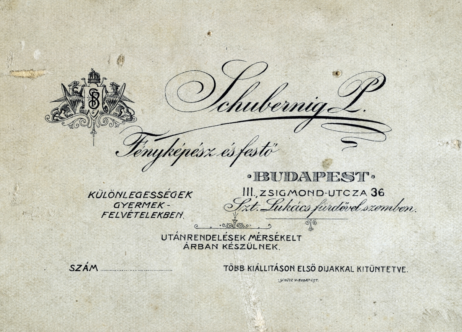 Hungary, Budapest II., Frankel Leó út (Zsigmond utca) 36., a Szent Lukács fürdővel szemben, Schubernig Péter fényképész és festő., 1911, Kovács Györgyi, verso, photographer, studio, Budapest, Fortepan #224610