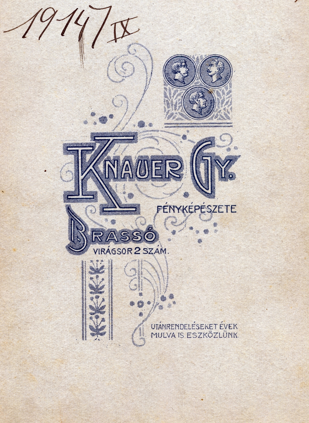 Romania,Transylvania, Brașov, Virágsor 2., Knauer Gyula fényképészete., 1914, Iván Zoltán dr., verso, photographer, studio, Fortepan #224849