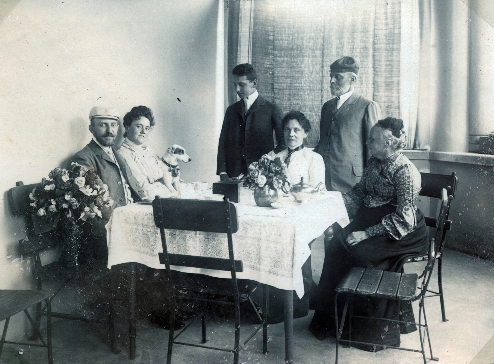 1902, Lechner hagyaték, dog, men, table, beard, rose, women, flower, kettle, tableau, Fortepan #224990