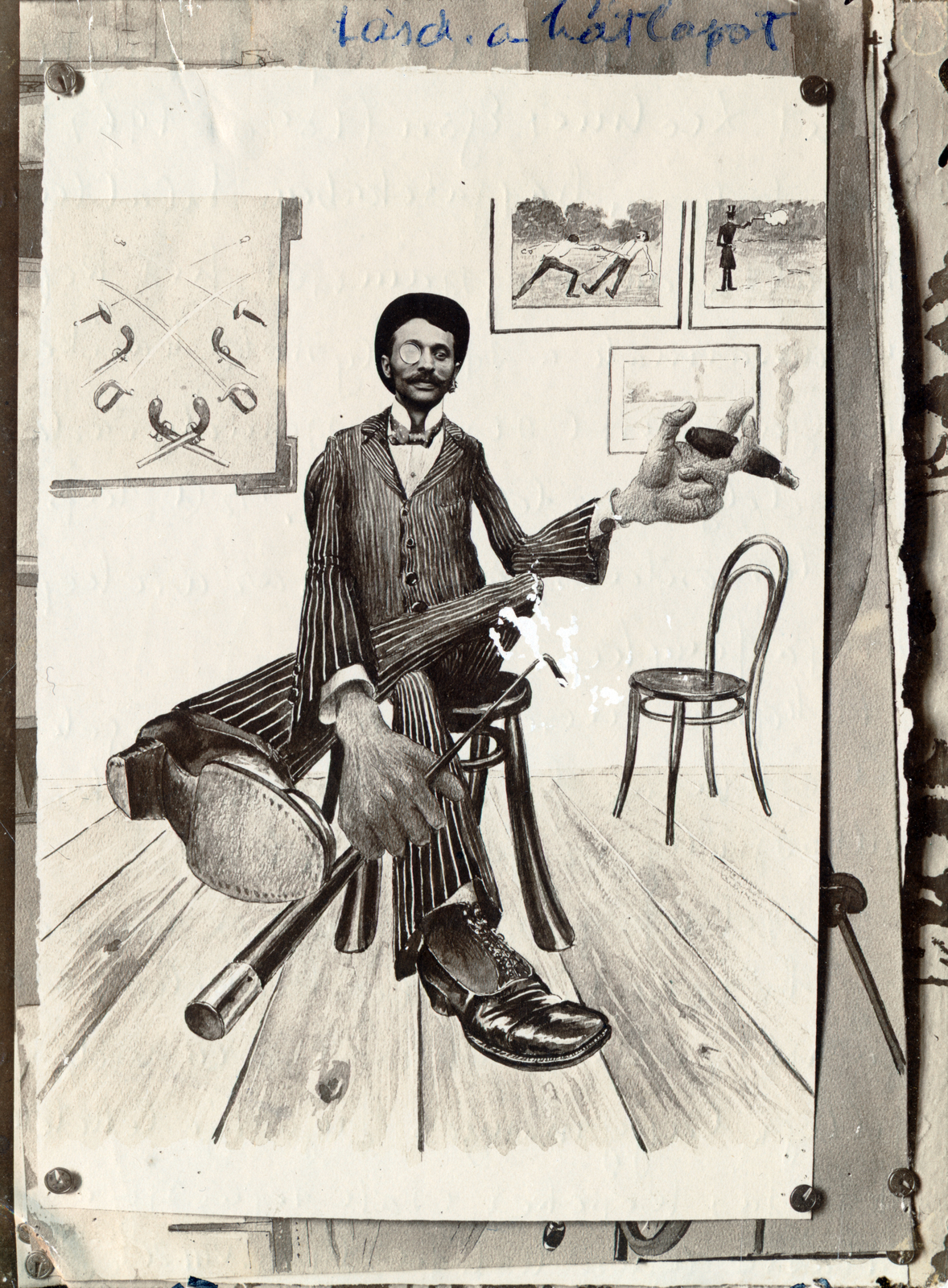 1911, Lechner hagyaték, caricature, tonett, wall of weapons, mounting, duel, drawing pin, Fortepan #225039
