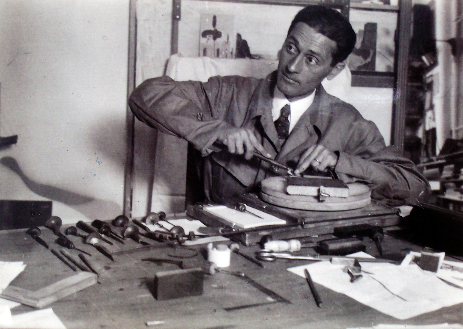 1922, Molnár C. Pál Múzeum, tool, workshop, chisel, portrait, interior, chiseler, Fortepan #225092