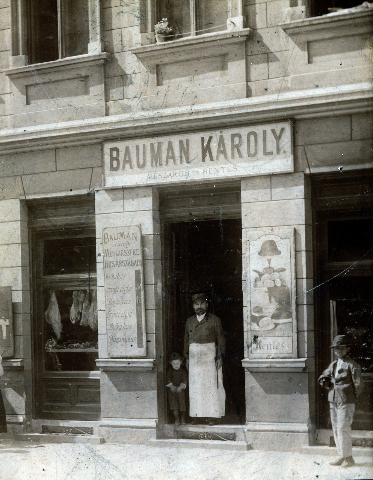 Hungary, Budapest VII., Izabella utca 12., mészáros és hentes üzlet portálja. A felvétel 1898-ban készült., 1900, Vincent Till Baumgartner, Budapest, store display, butcher, butcher shop, standing in door, Fortepan #225107