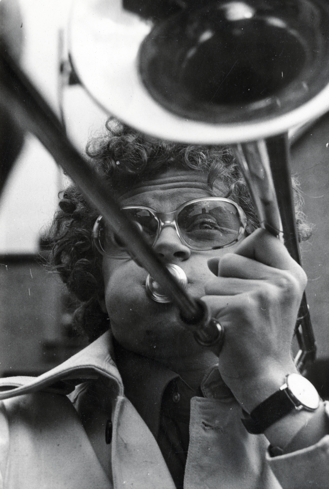 Magyarország, Maynard Ferguson jazz trombitás., 1982, Ránki Júlia, portré, grimasz, zenész, Fortepan #225251
