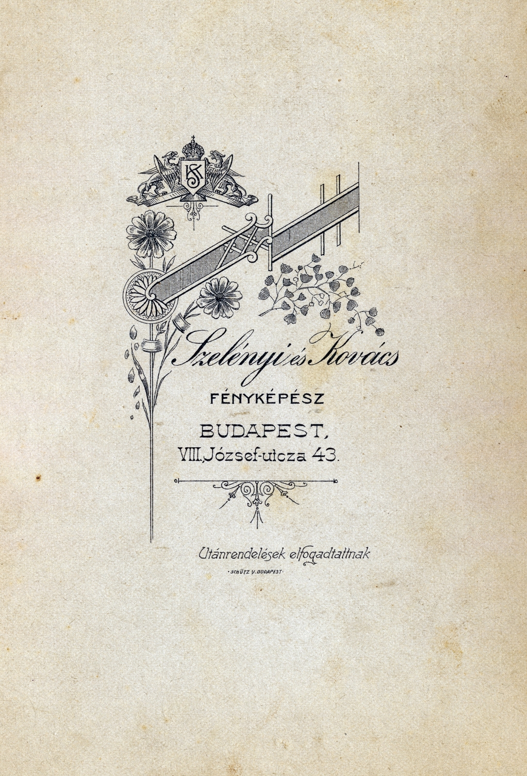 Hungary, Budapest VIII., József utca 43., Szelényi és Kovács fényképészek., 1911, Vincent Till Baumgartner, verso, photographer, studio, Budapest, Fortepan #225349