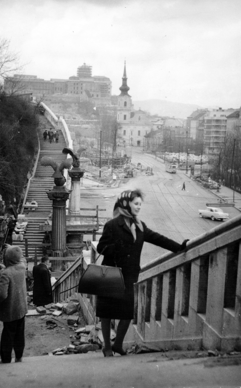 1963, Vincent Till Baumgartner, stairs, lady, headscarf, handbag, Fortepan #225470