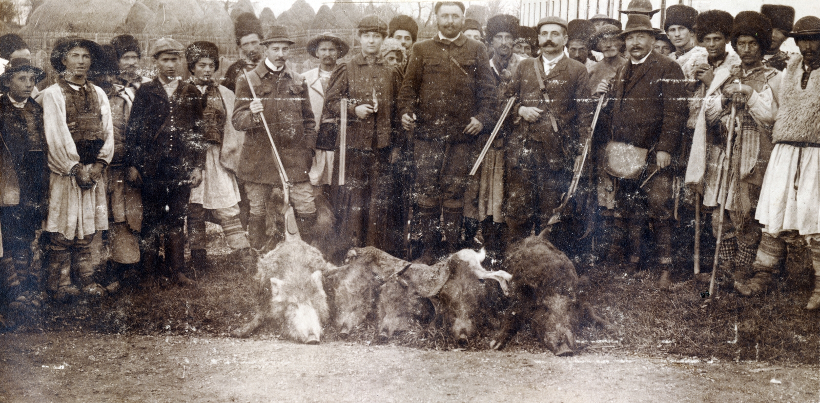 1910, Csonka Sándor, hunting, folk costume, place, gun, wild boar, tableau, attire, peasant, hunter, Fortepan #225670