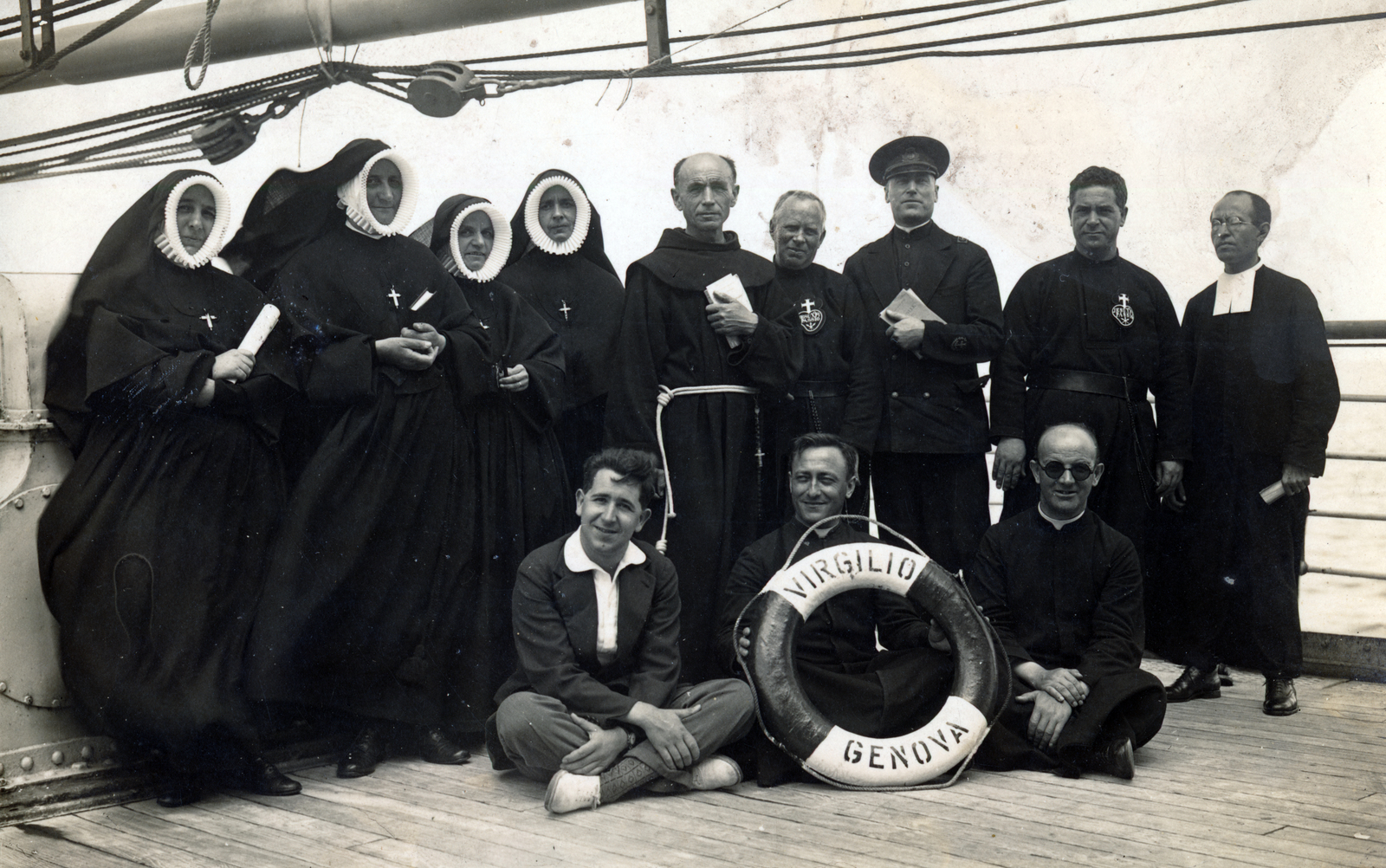 1921, Porgeth Imre, Best of, smile, tableau, men, lifebelt, ship, Catholic Church, humour, costume, Fortepan #225734