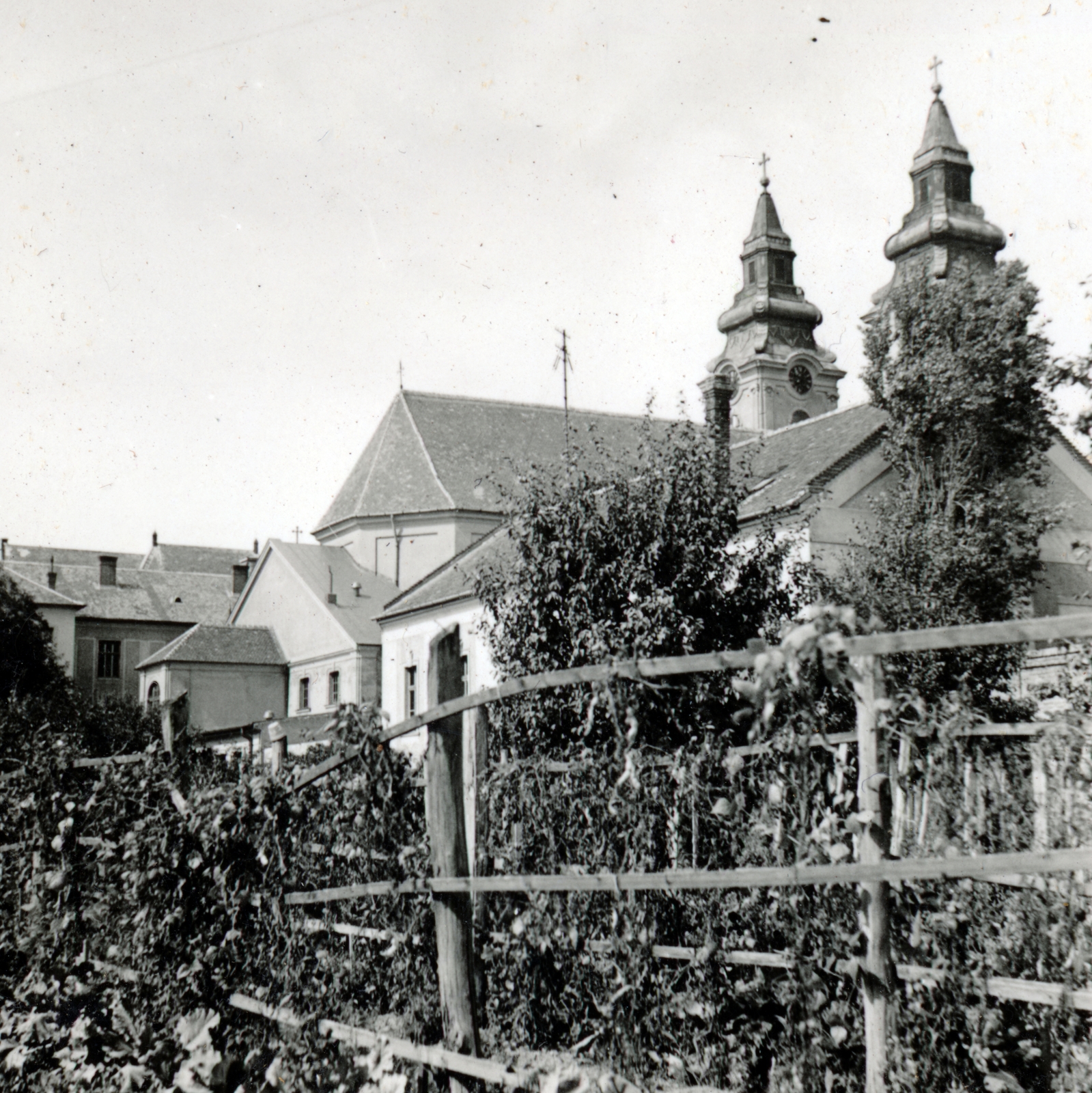 Magyarország, Debrecen, Szent Anna utca 17., a Debreceni Kegyestanítórendi Római Katolikus Calasanzi Szent József Gimnázium (később Szent József Óvoda, Általános Iskola, Gimnázium és Kollégium) kertje. Háttérben a Szent Anna-székesegyház., 1934, Fóris Gábor / Vastagh Miklós hagyatéka, Fortepan #226414