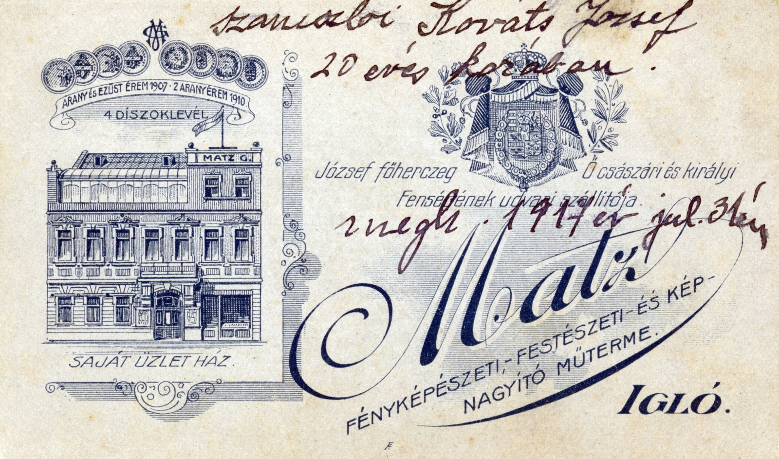 Szlovákia, Igló, Matz Gusztáv fényképészeti - festészeti- és képnagyító műterme., 1917, Kohut család, hátlap, fényképész, műterem, Fortepan #226999