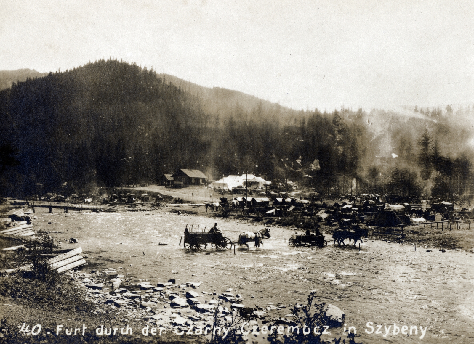 1917, Vízkelety László, river, ford, chariot, hillside, Fortepan #227498