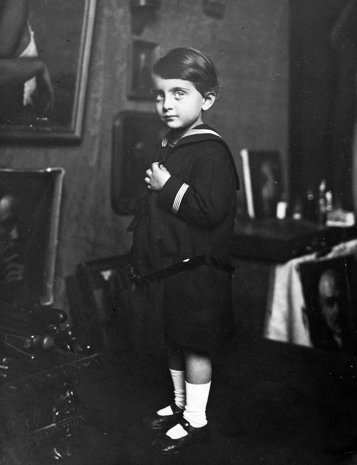 1923, Lakatos Mária, portrait, kid, girl, kid, sailor blouse, sailor dress, Fortepan #22841
