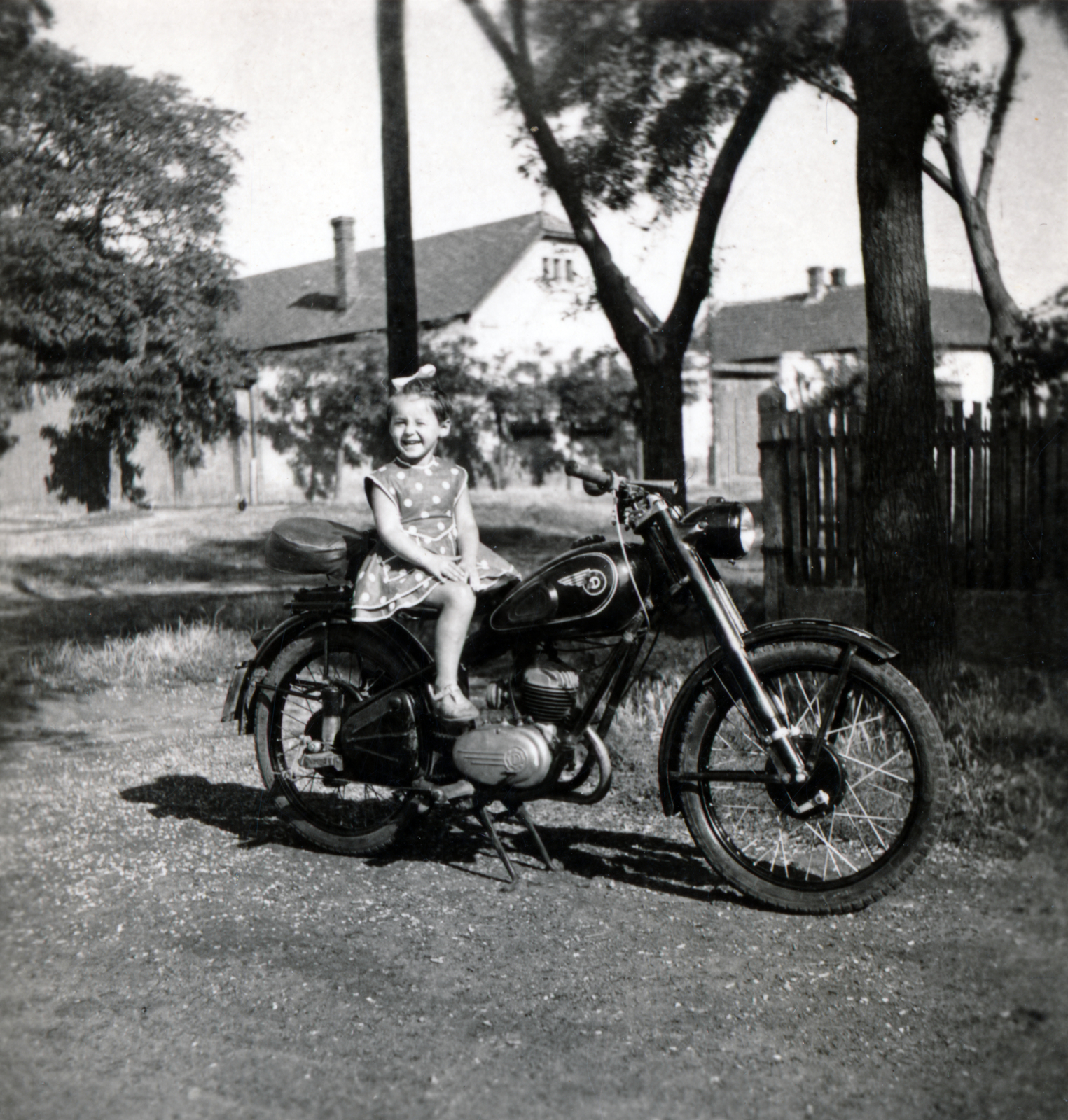 1956, Király Ildikó, motorcycle, photo aspect ratio: square, girl, Fortepan #228437