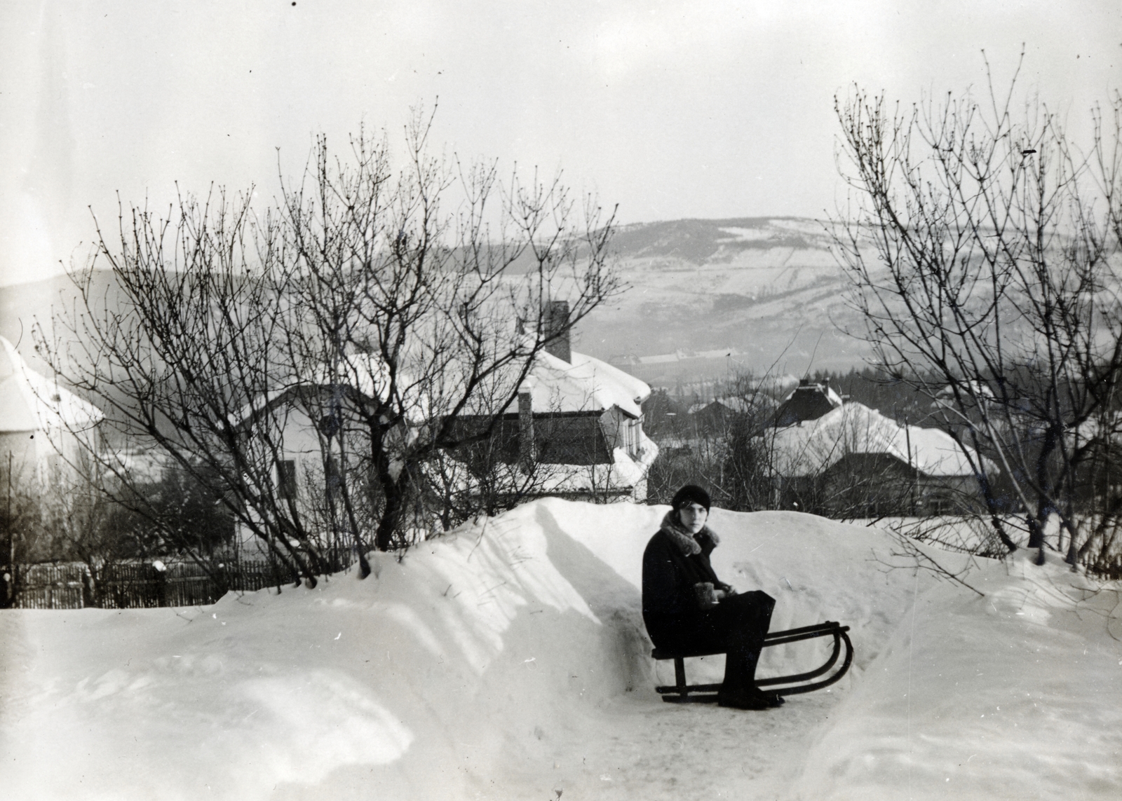 Hungary, Budapest XII., a felvétel a Zirzen Janka út 9. számú telkén készült, háttérben a Kiss Áron utca 10. számú hátsó homlokzata, jobbra a Kiss Áron utca 5. számú ház utcai homlokzata látható., 1930, Flanek-Falvay-Kováts, Budapest, snowy landscape, sledge, Fortepan #228755