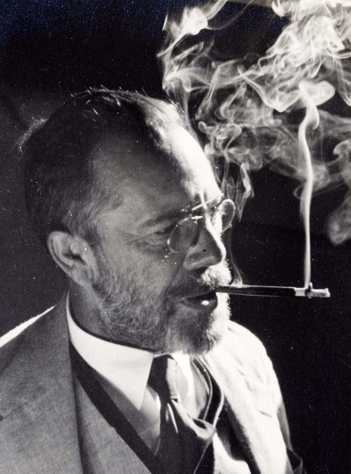 1914, Flanek-Falvay-Kováts, Best of, smoking, portrait, beard, cigarette holder, smoke, cigarette, backlight, glasses, Fortepan #229012