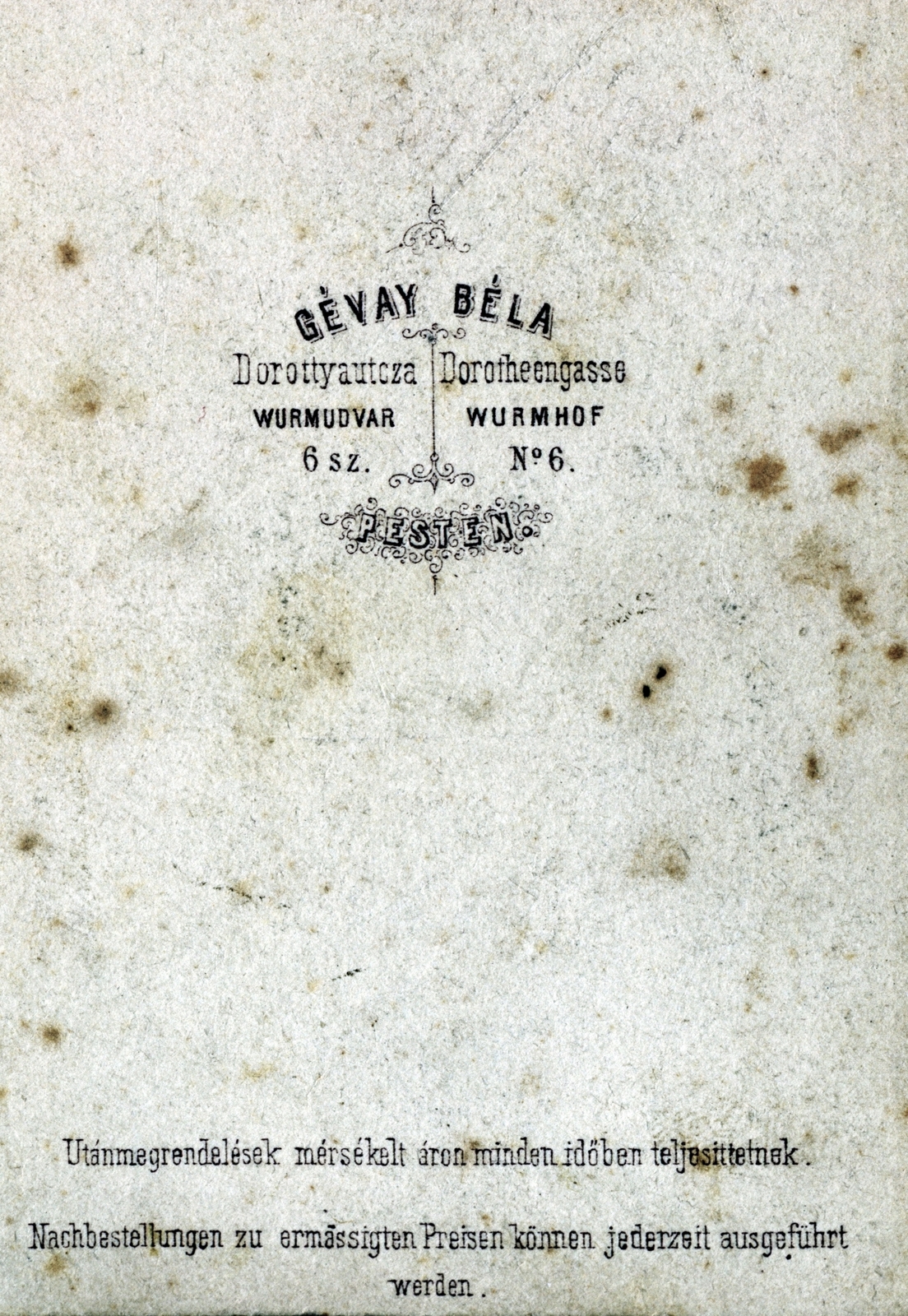 Magyarország, Budapest V., Dorottya utca 6., Wurm-udvar, Gévay Béla fényképész., 1900, Ábrahám Katalin és László, hátlap, fényképész, műterem, Budapest, Fortepan #229034