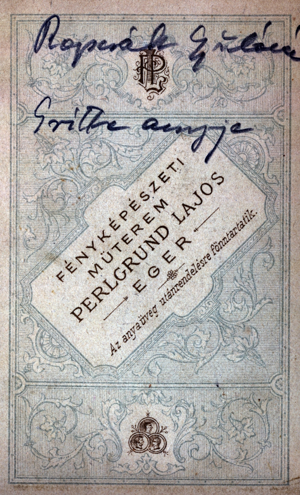 Hungary, Eger, Perlgrund Lajos fényképészeti műterme., 1900, Ábrahám Katalin és László, verso, photographer, studio, Fortepan #229043