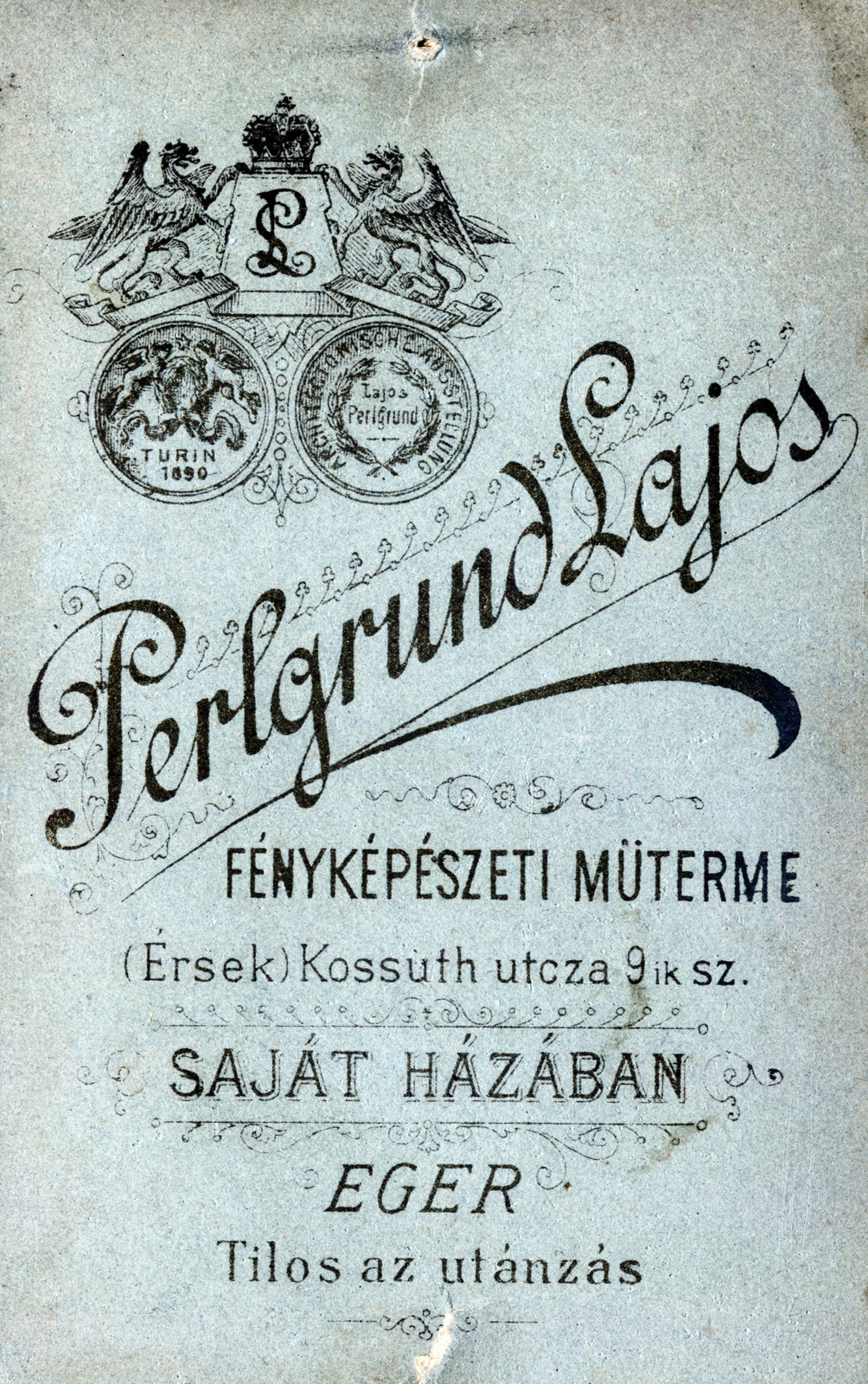 Magyarország, Eger, Érsek utca 9., Pelgrund Lajos fényképészeti műterme., 1900, Ábrahám Katalin és László, hátlap, fényképész, műterem, Fortepan #229045