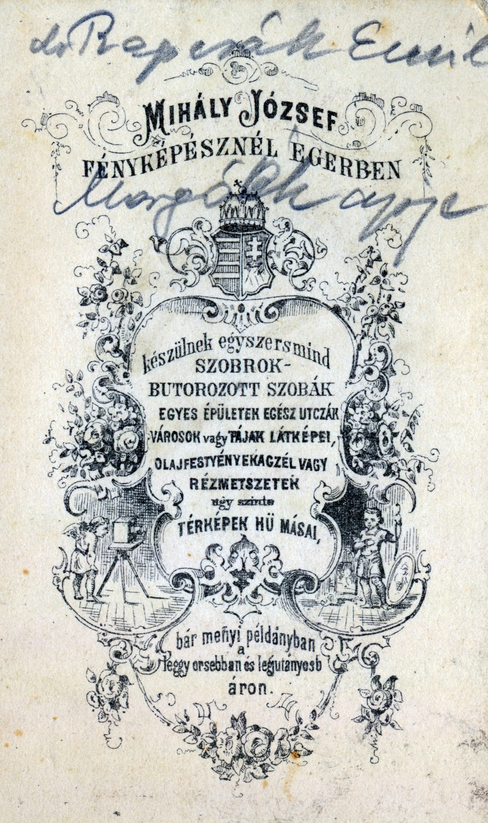 Hungary, Eger, Mihály József fényképésznél készülnek, szobrok - bútorozott szobák, egyes épületek, egész utcák, városok, vagy tájak látképei, olajfestmények, acél, vagy rézmetszetek úgy szinte térképek hű másai., 1900, Ábrahám Katalin és László, verso, photographer, studio, Fortepan #229047