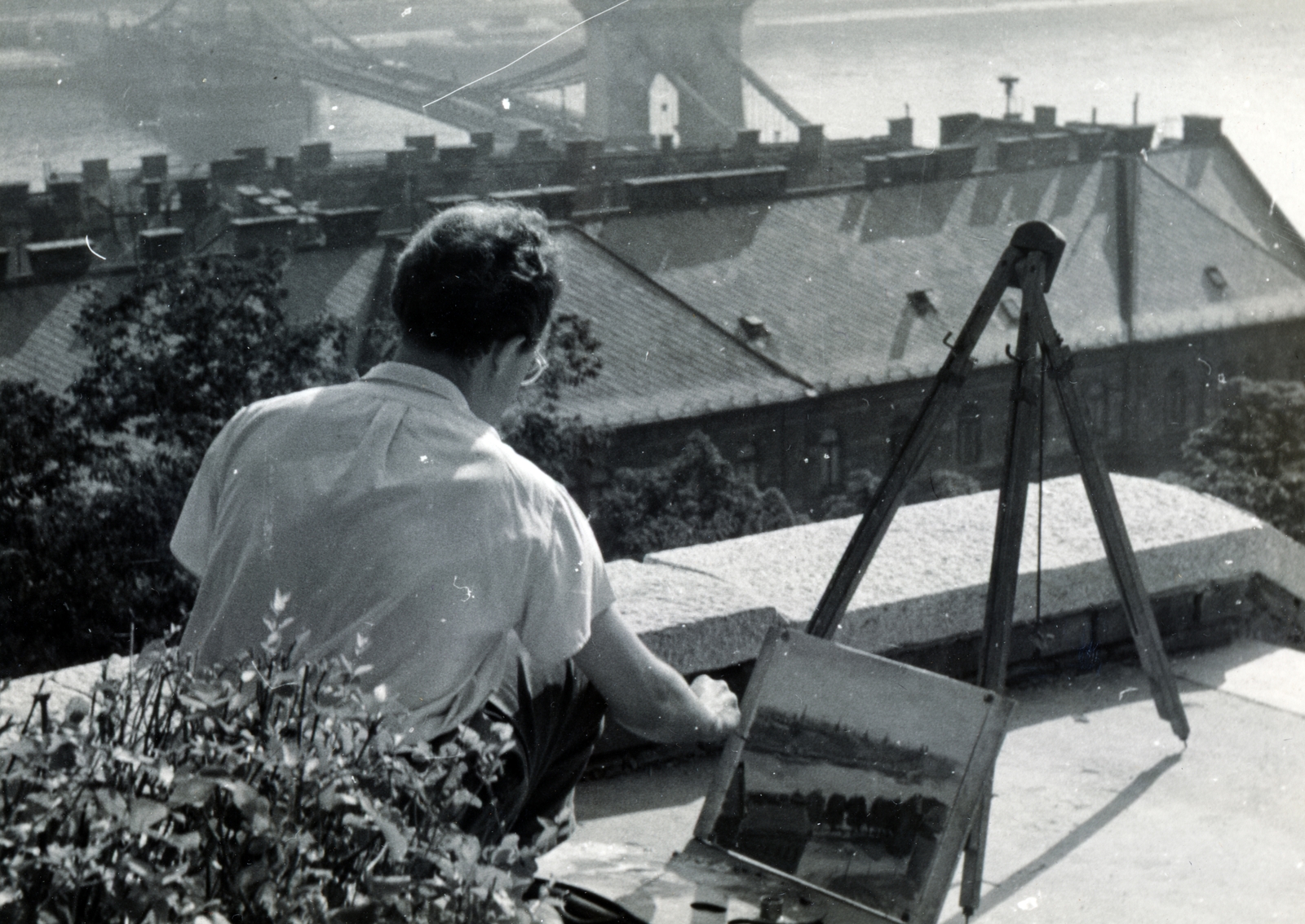 Hungary, Budapest I., kilátás a Király lépcső felől a Hunyadi János út és a Széchenyi Lánchíd felé., 1956, Flanek-Falvay-Kováts, easel, painting, roof, Budapest, Fortepan #229153