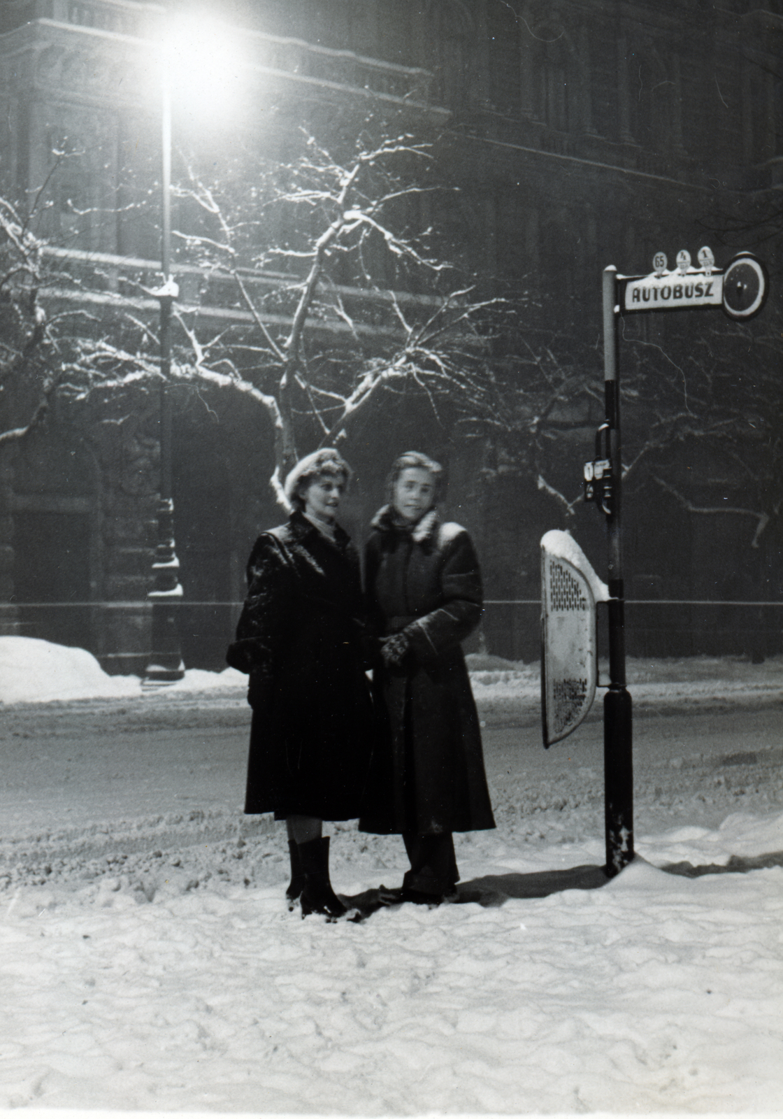 Hungary, Budapest VI., Andrássy (Sztálin) út, buszmegálló a 3. számú ház előtt, a túloldalon 2. számú ház., 1956, Flanek-Falvay-Kováts, Budapest, winter coat, women, snow, trash can, night, bus stop, Fortepan #229168