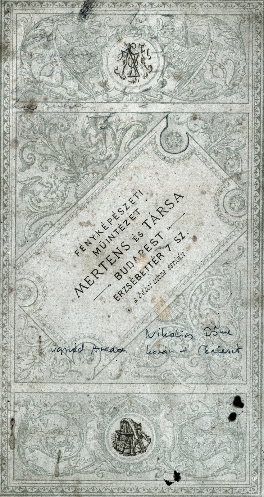 Magyarország, Budapest V., Erzsébet tér 7., Mertens és Társa fényképészeti műintézet., 1902, Schermann Ákos, hátlap, fényképész, műterem, Budapest, Fortepan #229467