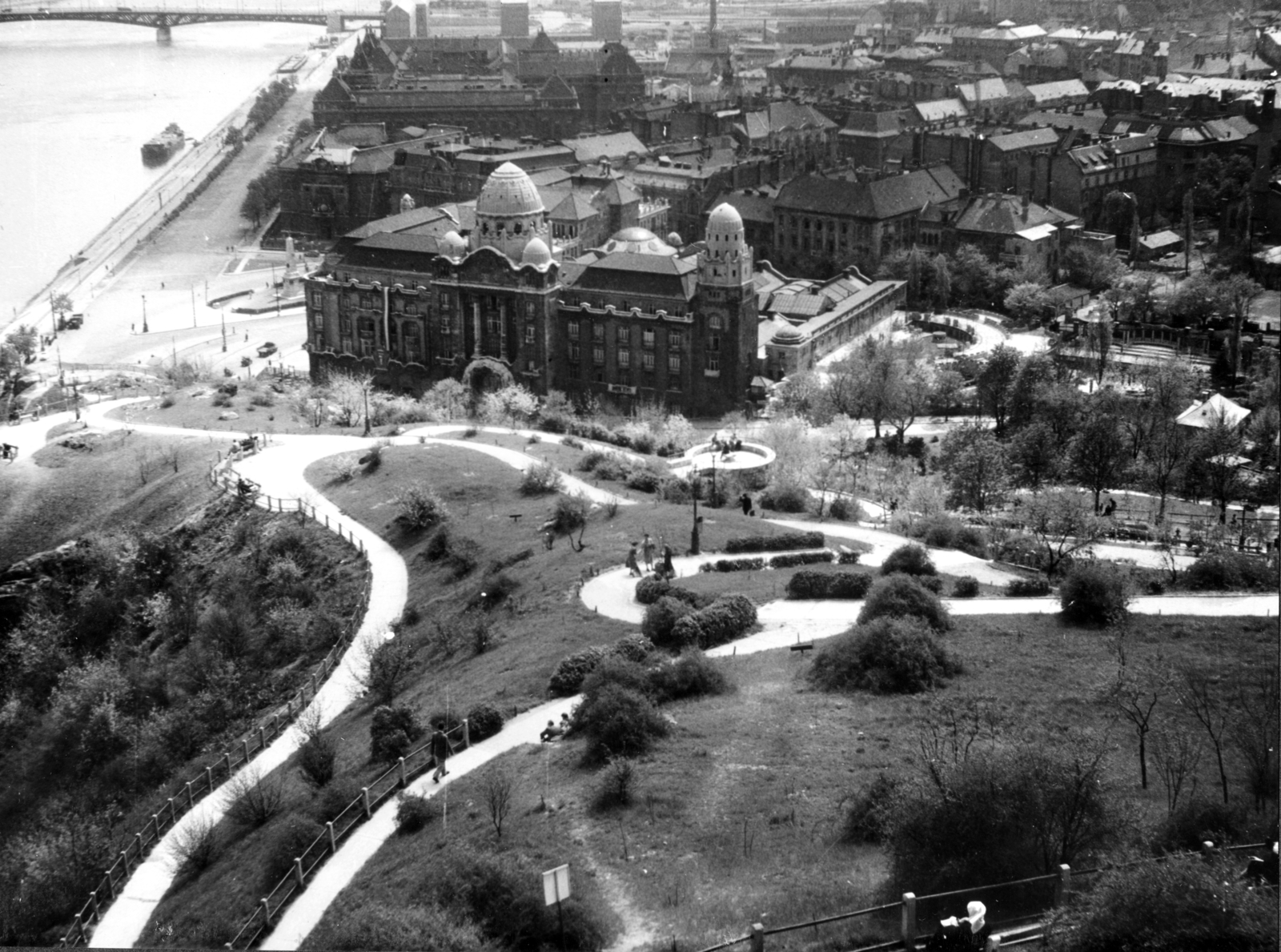 Magyarország, Gellérthegy, Budapest XI., kilátás a Gellért Szálló, a Műszaki Egyetem épületei és a Petőfi híd felé., 1955, Fortepan/Album083, szecesszió, korlát, hegyoldal, gyógyfürdő, látkép, Budapest, Fortepan #229837