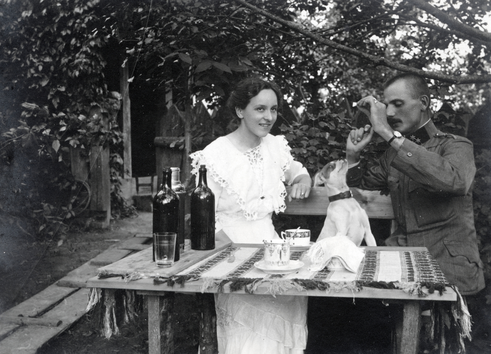 1917, Czógler Gusztáv, Best of, bench, dog, lady, soldier, wrist watch, table, glass, lace, animal trainer, tablecloth, cup, Fortepan #229946