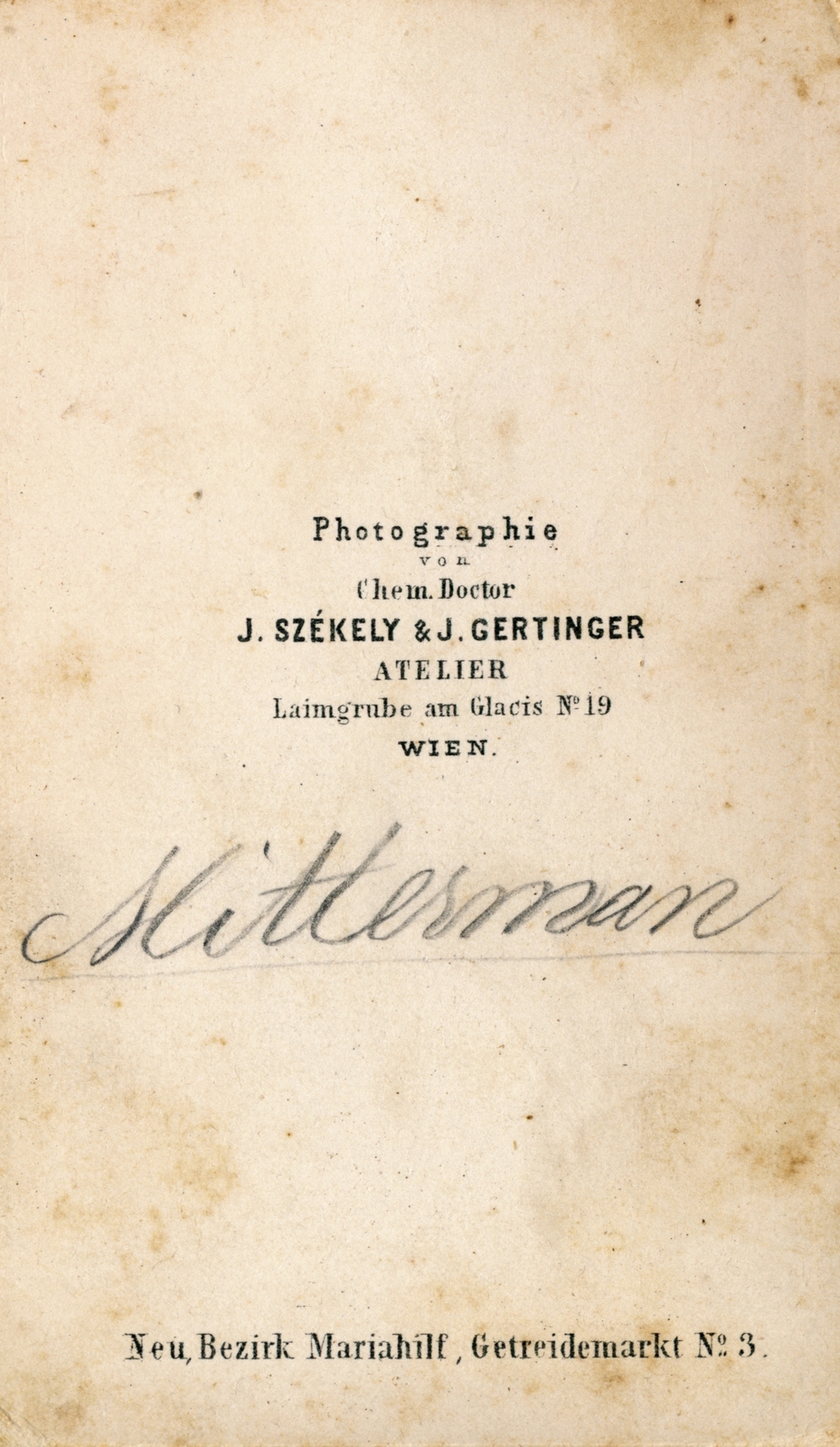 Ausztria, Bécs, Laimgrube a Marihilf negyed része, Székely József és Gertinger Julius fényképész műterme., 1900, Korner Veronika, hátlap, Fortepan #230125