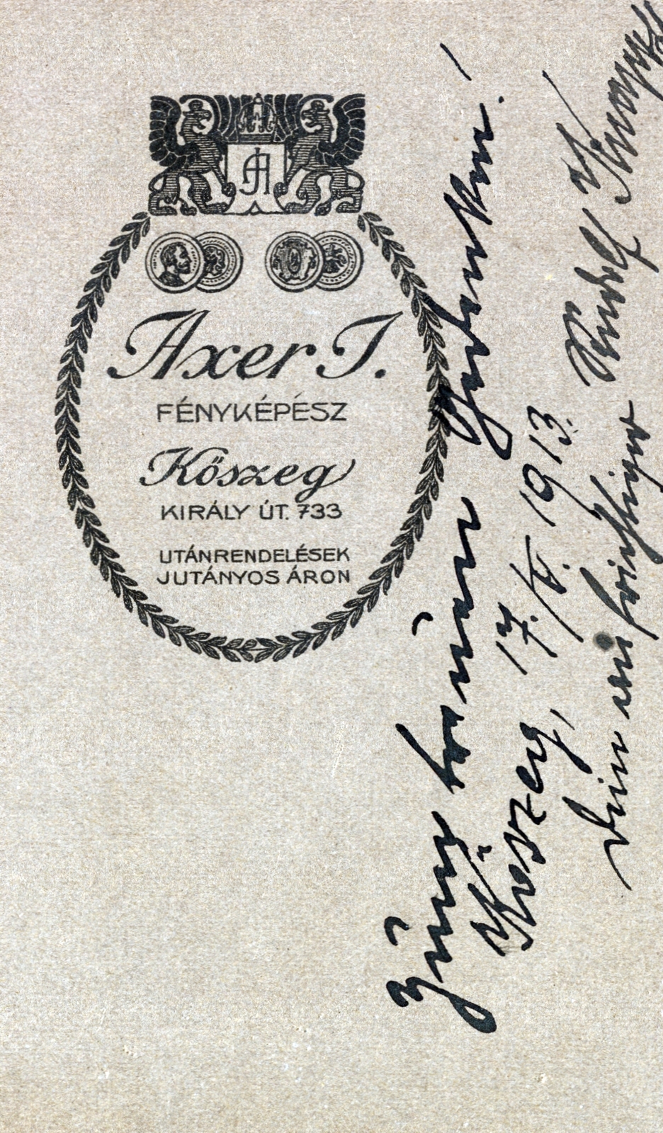 Magyarország, Kőszeg, Király út 733., Axer J. fényképész., 1913, Korner Veronika, hátlap, irka-firka, Fortepan #230133