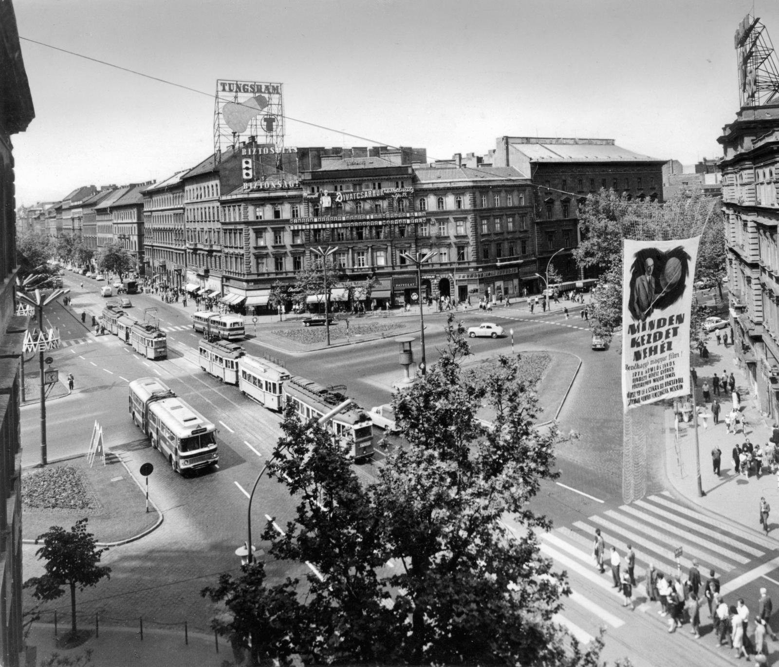 1961, Fortepan/Album087, bus, crosswalk, intersection, neon sign, tram, Fortepan #230223