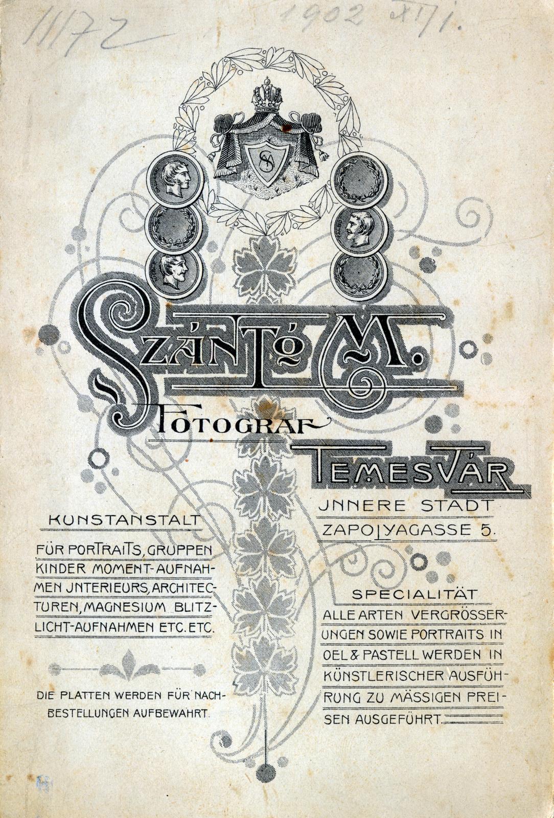 Timisoara, 1902, Losonci Rita dr., verso, photographer, studio, Fortepan #230476