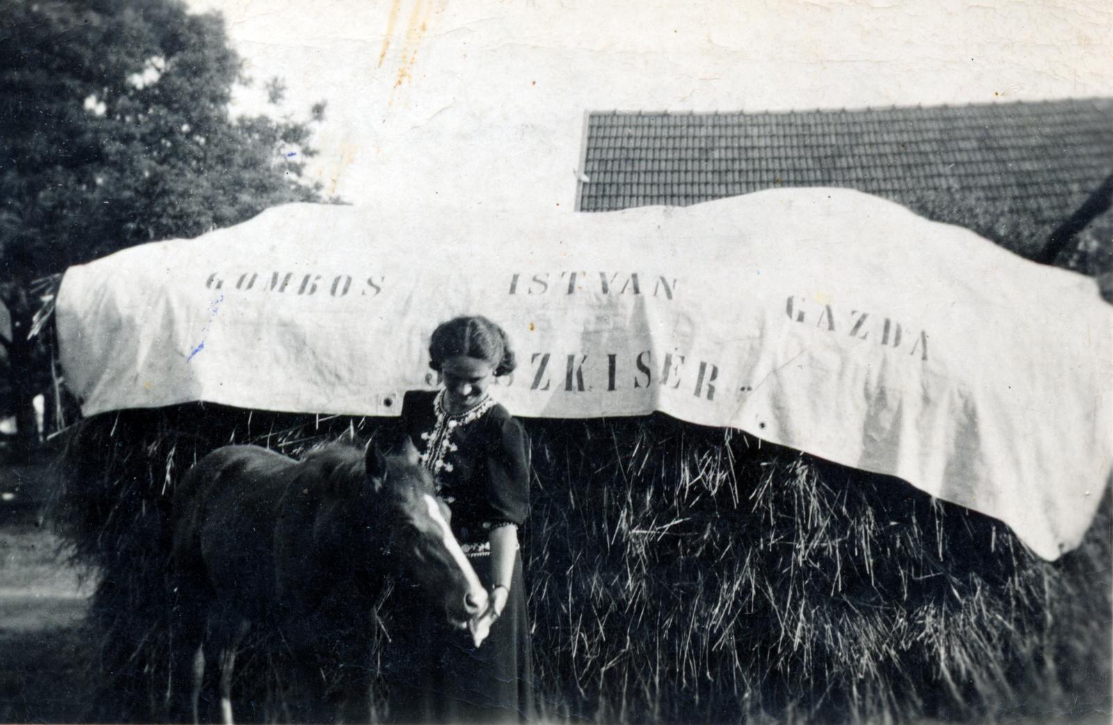 Magyarország, Jászkisér, 1935, Tóth Ákos, ponyva, kazal, etetés, csikó, felirat, gazda, Fortepan #230574