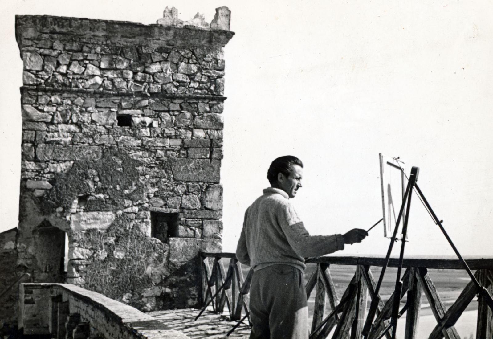 Magyarország, Sárospatak, kilátás a Vörös-toronyból a Bodrog felé., 1957, Tóth Ákos, festőállvány, várrom, festő, Fortepan #230586