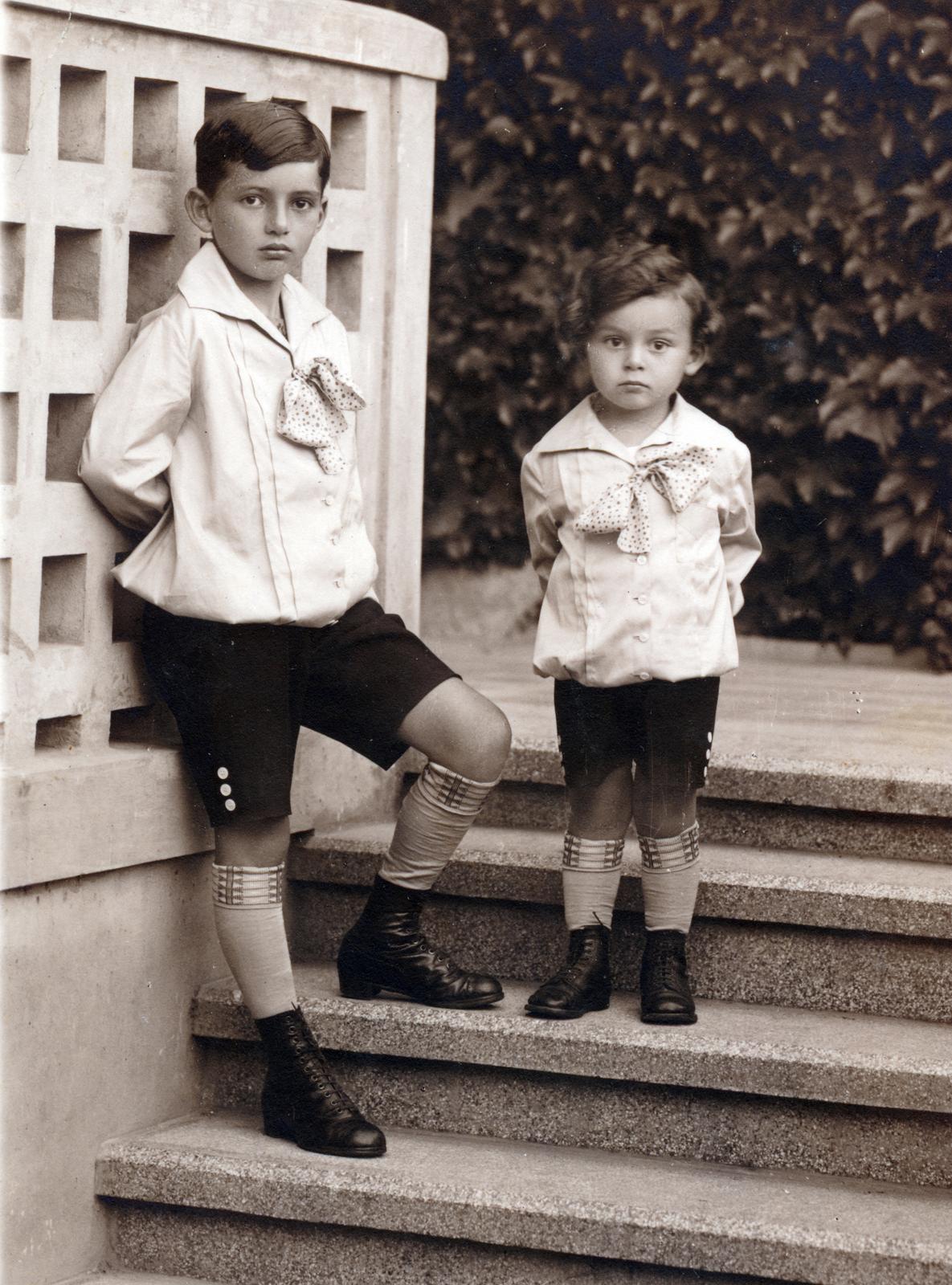 1914, Bihari Erzsébet-Németh Tamás Lajos, stairs, hands behind the back, boys, Fortepan #230668