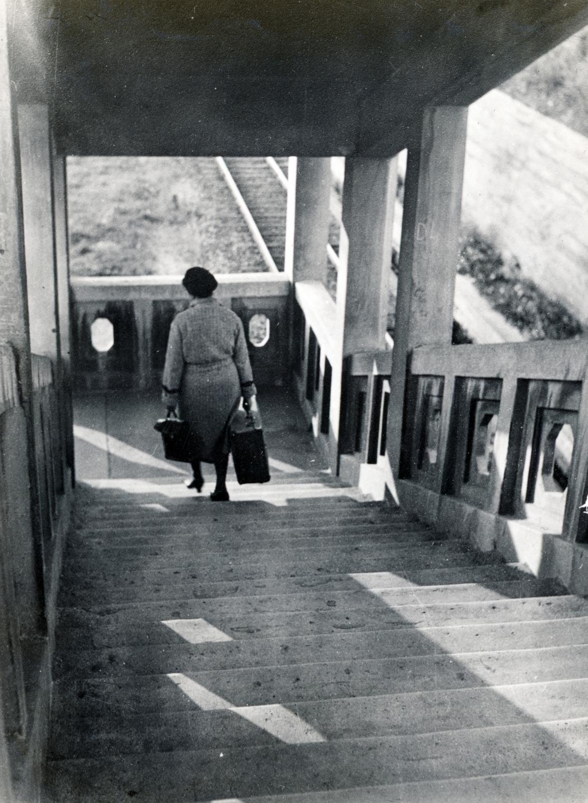 1935, Bor Dezső, train station, woman, overpass, suitcase, back, stairs, Fortepan #231324
