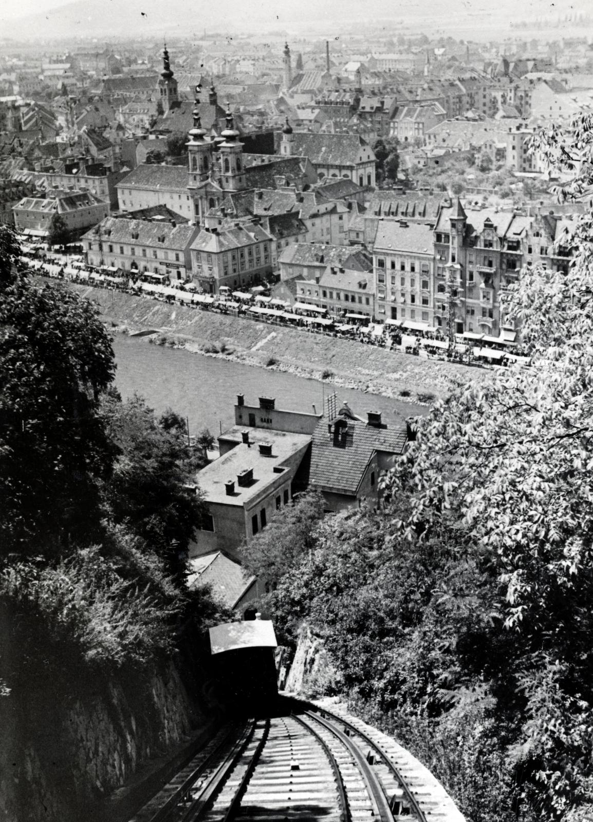 Austria, Graz, Schloßberg, kilátás a városra a Schloßbergbahn Bergstation állomásától., 1931, Bor Dezső, cable car, Fortepan #231429