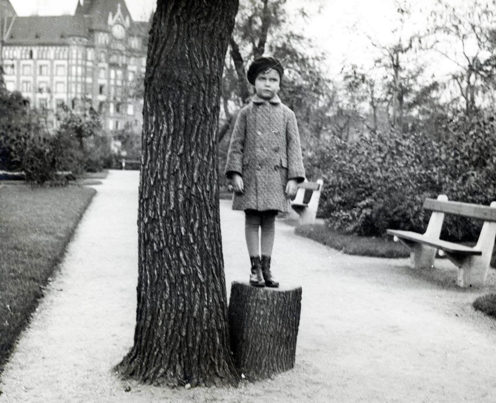 Hungary, Budapest IX., Nagyvárad tér, háttérben az Üllői út 121. számú ház., 1942, Bor Dezső, girl, tree stump, Budapest, Fortepan #231656