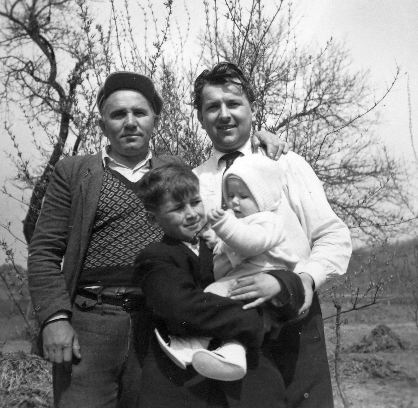 Hungary, Nógrádmarcal, 1959, Kovács-Palkó Gábor, doll, men, boy, arms around shoulders, hold in arms, Fortepan #23167