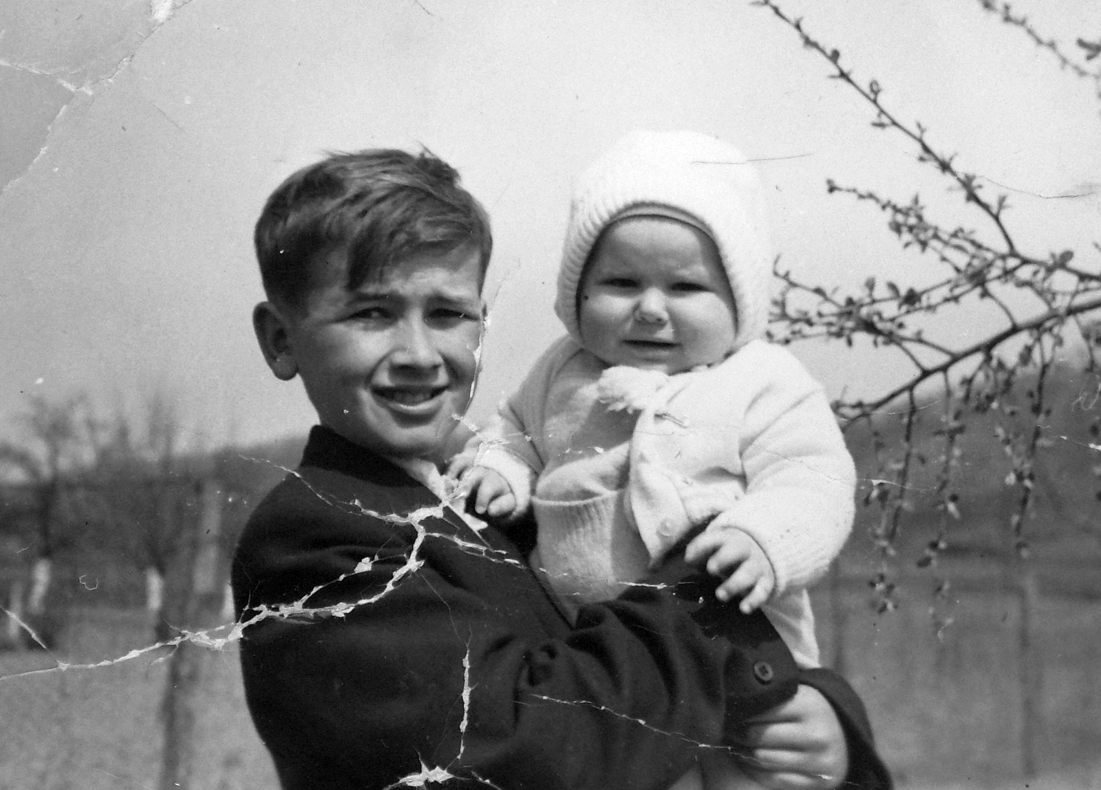 Hungary, Nógrádmarcal, 1959, Kovács-Palkó Gábor, doll, boy, damaged photo, hold in arms, Fortepan #23173