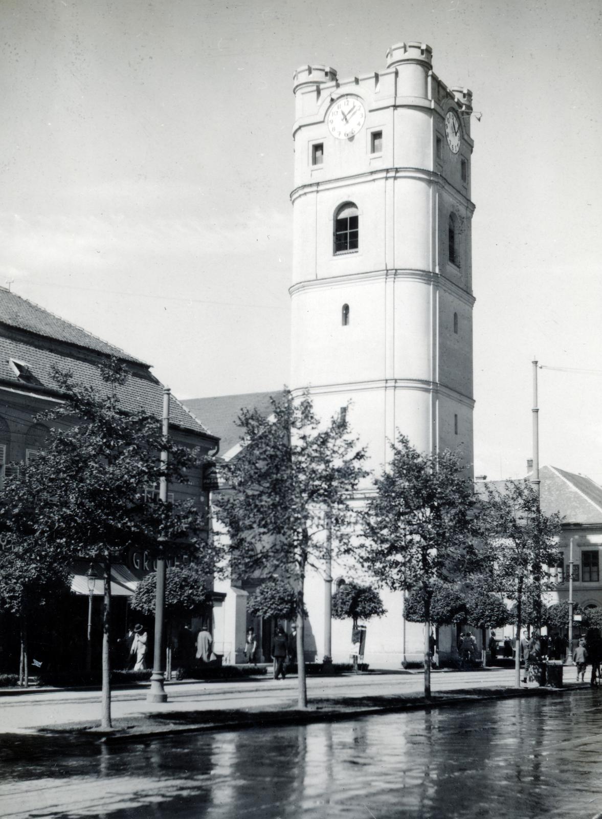 Hungary, Debrecen, Piac utca (Ferenc József út), református Kistemplom (Csonkatemplom)., 1934, Bor Dezső, clock tower, protestant, Fortepan #231789