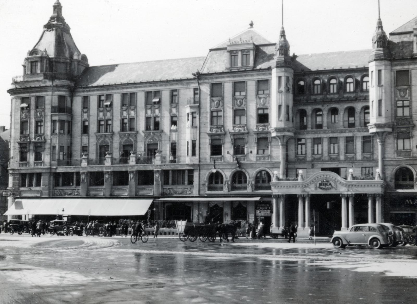 Magyarország, Debrecen, Piac utca, Aranybika Szálloda., 1934, Bor Dezső, automobil, kerékpár, Fortepan #231793