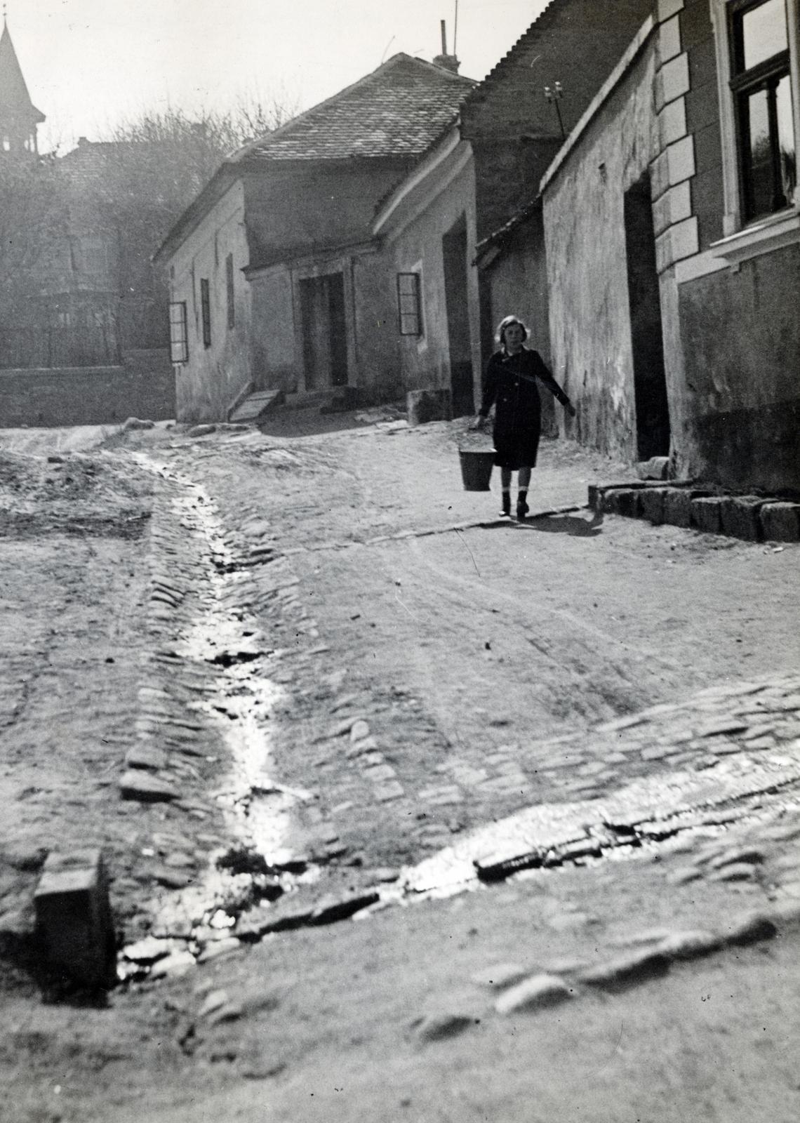 Hungary, Tabán, Budapest I., Gyula utca, a háttérben balra az Orom utca 22. szám alatti nyaraló (Lina-lak)., 1928, Bor Dezső, street view, house, slope, carrying water, Budapest, Fortepan #231857
