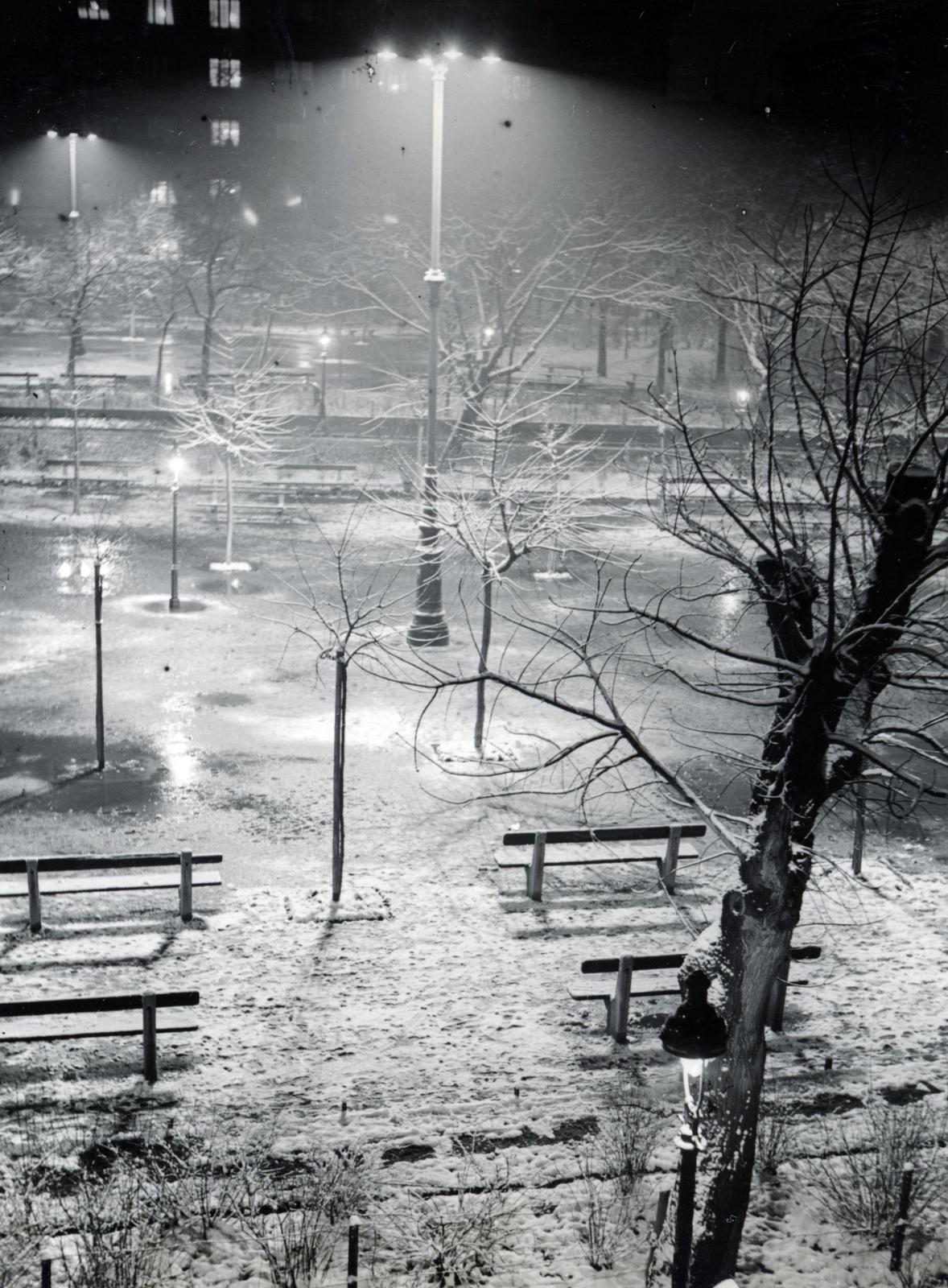 Hungary, Budapest IX., Ferenc tér, kilátás a 4. számú házból a parkra., 1931, Bor Dezső, Best of, snow, bench, street lamp, night, Budapest, Fortepan #232090