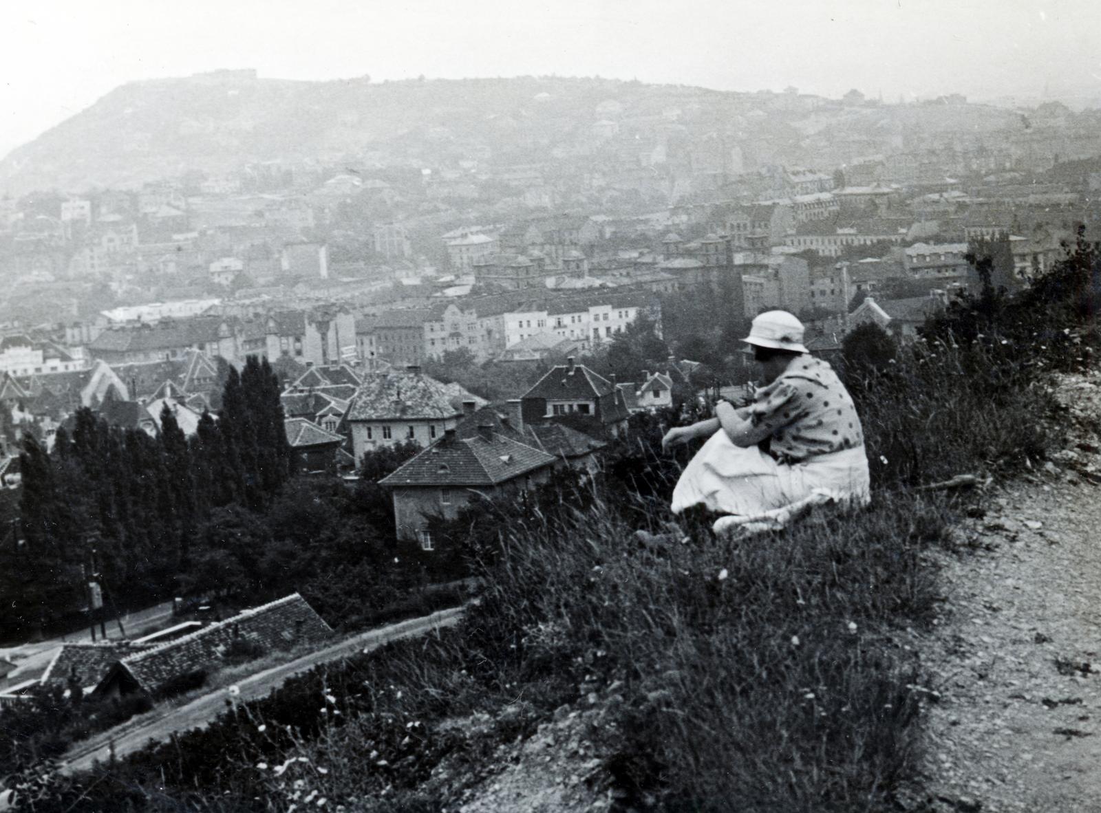 Magyarország, Budapest XII.,Budapest I., Kissvábhegy, kilátás a Gellért-hegy felé., 1934, Bor Dezső, Budapest, látkép, földön ülés, Fortepan #232114